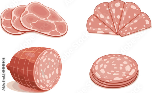 Deli meat and salami slices set. Ham slices, sausage roll and salami pieces. Butcher charcuterie cold cuts vector illustration.