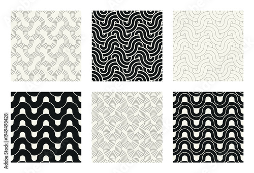 Vector seamless pattern set. Geometric linear thin striped ornament. Stylish monochrome background. Vector repeating texture with winding linear tapes.