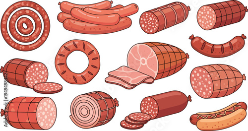 Sausage and deli meat collection vector. Salami rolls, sliced sausage, ham cuts and hotdog. Butcher charcuterie meat products and cold cuts set.