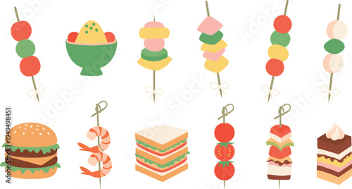 Party finger food and snack skewers set. Canape appetizers, burger, sandwich, shrimp and dessert bites. Buffet catering food icons vector collection.