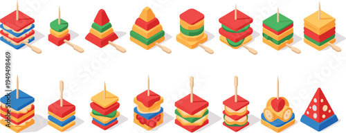 Colorful canapé appetizer set vector. Cheese, fruit and sandwich skewers. Party finger food bites and cocktail snacks collection illustration.