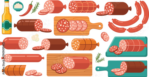 Sausage and deli meat collection vector. Salami rolls, sliced sausage on cutting board, pepperoni and hotdog. Butcher charcuterie food ingredients set.