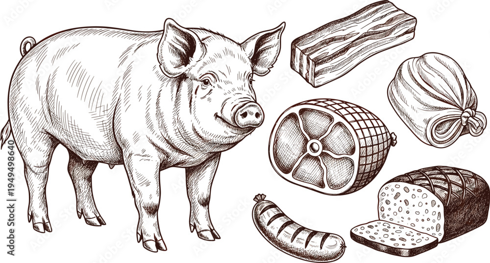Φωτογραφία Pig and pork meat engraving vector set