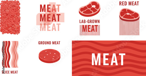 Meat infographic vector set. Ground meat, sliced meat, red meat steak and lab grown meat concept. Food industry illustration.