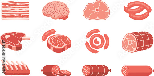 Butcher meat products vector set. Steak, bacon, sausage, ham, ribs and brain cuts. Raw meat illustration collection.