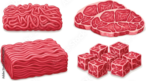 Raw beef meat vector set. Minced meat, beef steaks and diced beef cubes. Fresh butcher meat illustration collection.