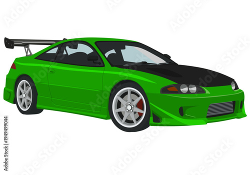 Bright Green Modified Sports Car Vector Illustration, 1990s Tuner Coupe with Carbon Hood and Large Spoiler