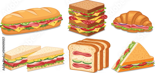 Sandwich and bakery lunch set. Baguette sandwich, club sandwich, croissant sandwich and toast bread slices. Fast food deli meal vector illustration.