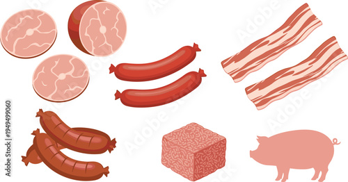 Pork meat and sausage products set. Bacon strips, salami slices, sausages and ground meat cube with pig icon. Butcher pork food vector illustration.