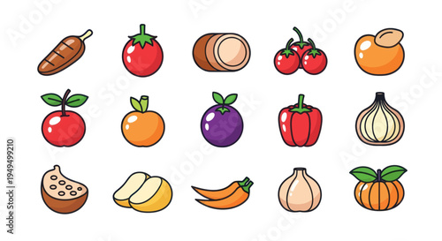 Colorful vegetables and fruits collection isolated vector illustration
