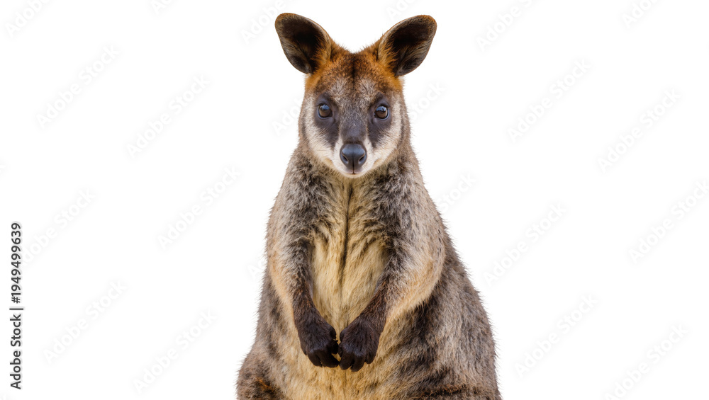 Εκτύπωση καμβά Brown and grey wallaby standing upright, looking directly at the camera, with pa