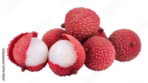 Canvas Print Fresh ripe lychee fruits, some whole and some peeled revealing translucent white