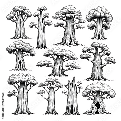 Grand Finale Botanical Masterpiece, Ancient Giant Baobab and Banyan Style Trees with Massive Trunks and Hollow Centers Vector Collection