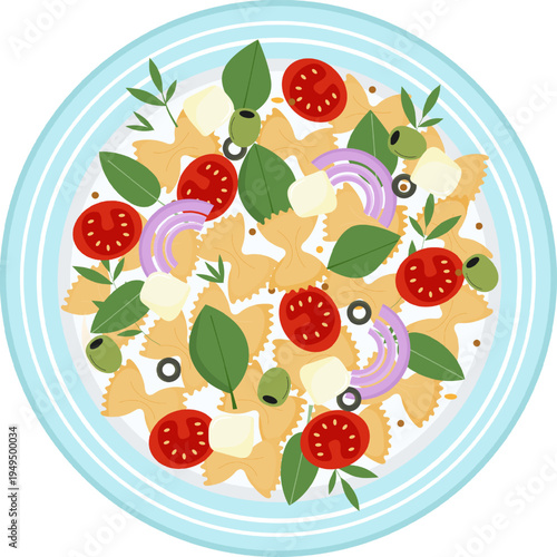 plate with pasta tomatos basil olives