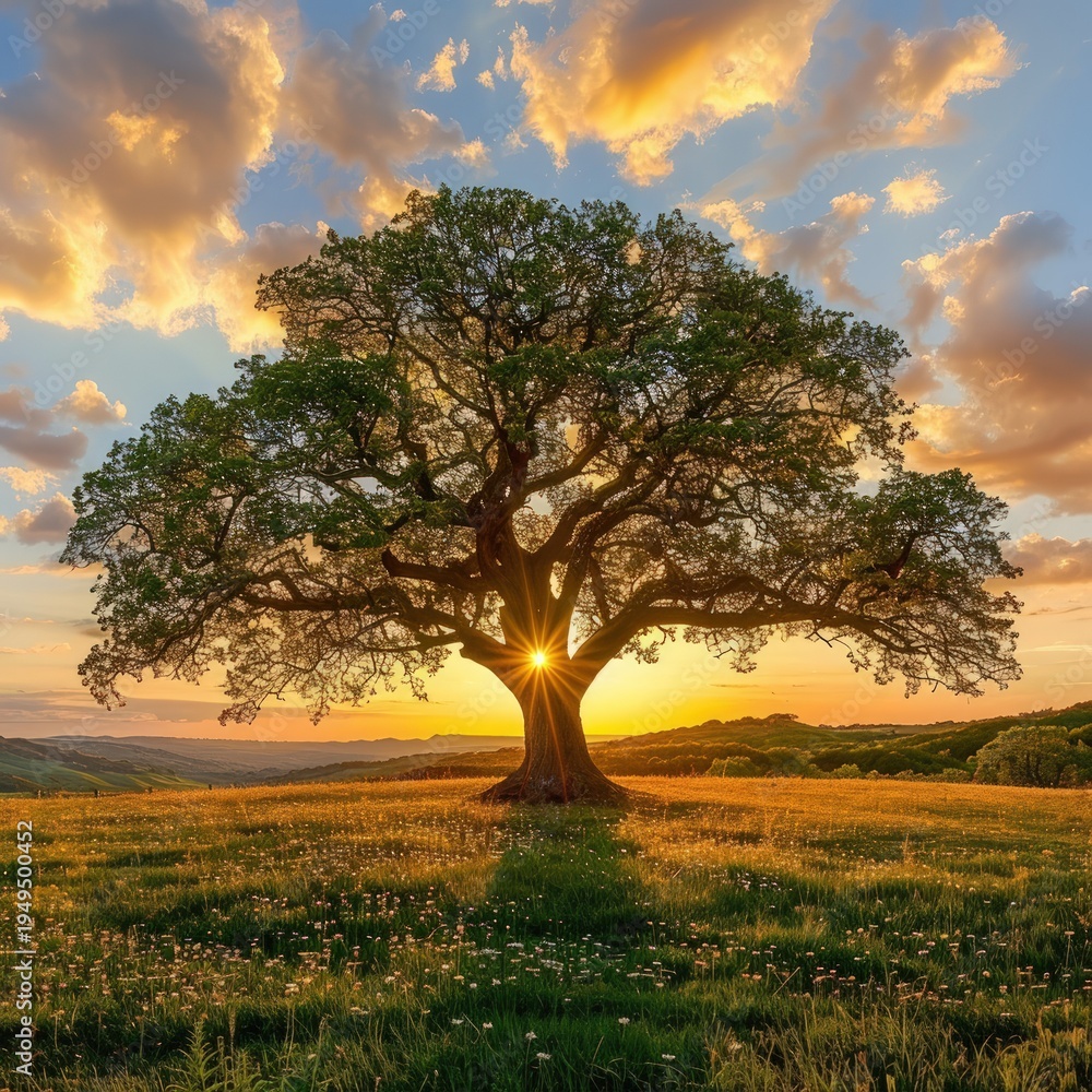 Fototapeta premium A grand tree silhouetted against a vibrant sunset sky, casting a long shadow over a grassy hill