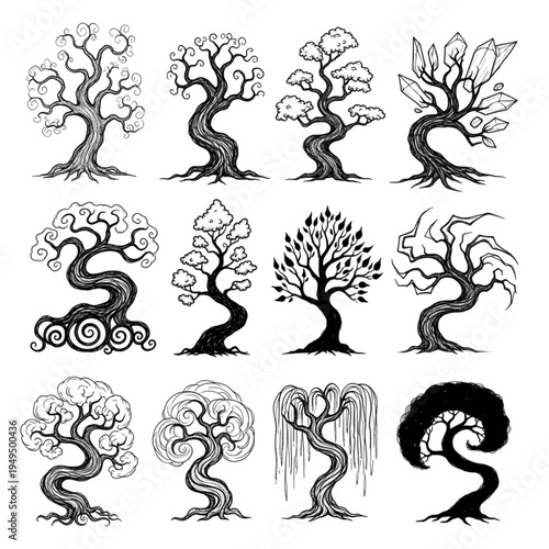 Spiral Knotwork and Folk Art Tree Sketches, Hand Drawn Mystical Nature Symbols with Twisted Trunks and Intricate Branch Patterns Vector Set