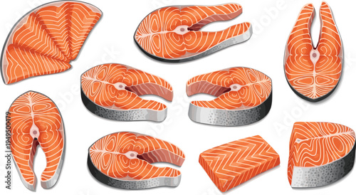 Salmon steak vector collection. Raw salmon fillet slices and fish cuts isolated. Fresh seafood ingredient illustration set.