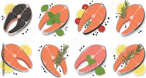 Salmon steak with herbs vector set. Fresh salmon fish slices with lemon, basil and rosemary. Gourmet seafood ingredient illustration collection.
