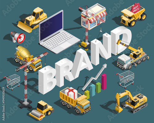 Brand text isometric building concept with construction machinery, marketing and e commerce elements vector illustration
