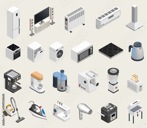 Home appliances isometric detailed icons set. Household kitchen and domestic equipment vector illustration collection