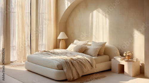 A serene minimalist bedroom bathed in warm sunlight with cozy bedding and neutral tones. The soft textures and elegant decor create a peaceful, modern retreat.
