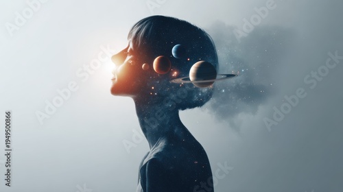 A double exposure image shows a human silhouette merging with the cosmos and planets. This surreal art captures imagination, creativity, and the universe inside the mind.