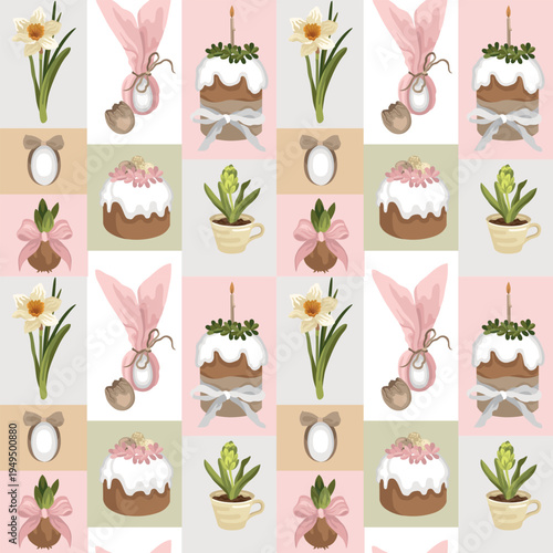 Hand-drawn Easter cakes seamless pattern with teacup potted flower, blooming daffodil, flower bulb with a bow and Easter eggs