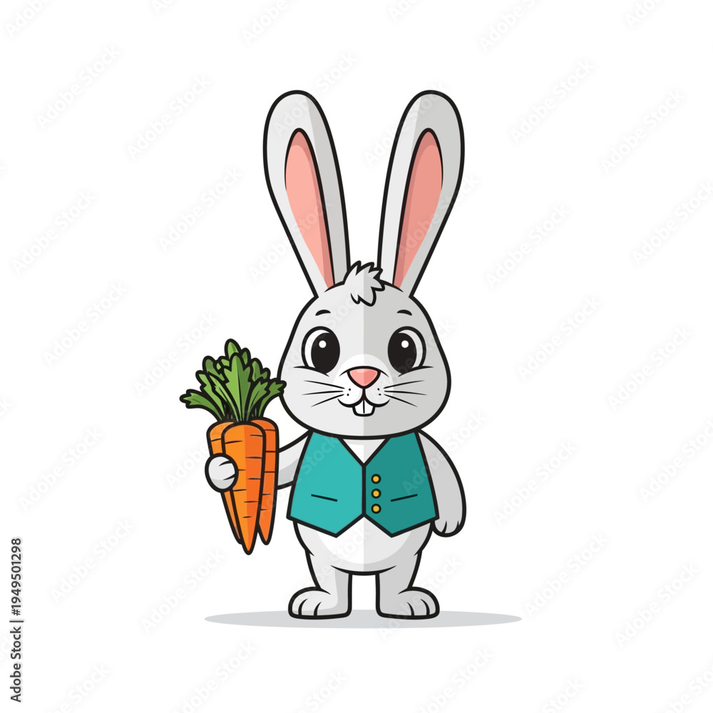 Obraz premium Cute cartoon rabbit holding carrots, wearing a vest, isolated on white background