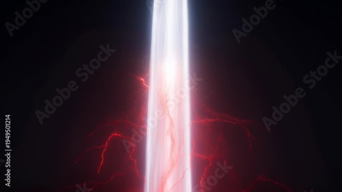 Vertical beam of bright light surrounded by crackling red energy in darkness