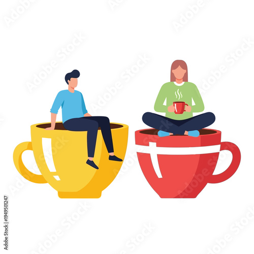 Couple relaxing in giant coffee cups, enjoying a break, coffee lovers, lifestyle