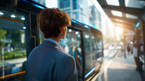 Wide bright modern public transit scene of a faceless commuter from behind boarding a clean modern electric bus at a bright urban stop the bus door open and the city visible