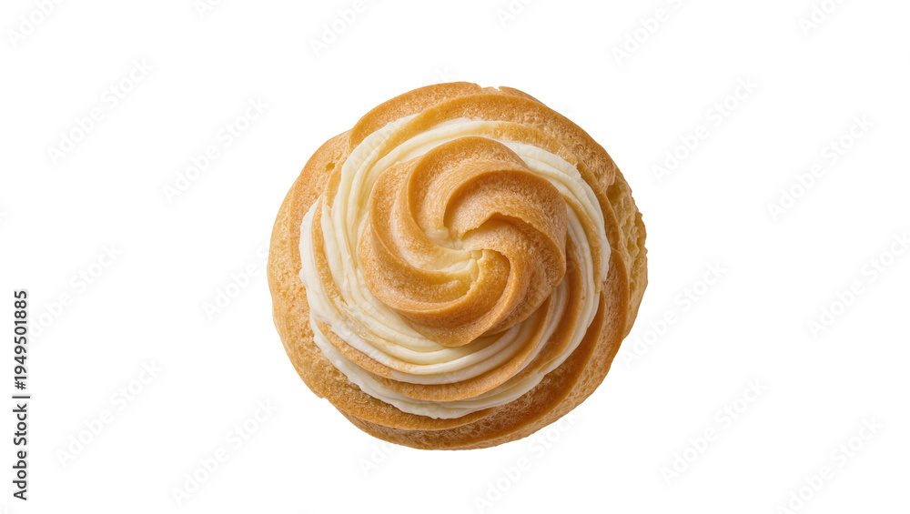 Fototapeta premium Delicious golden-brown choux pastry cream puff with a beautiful swirl of white cream, a sweet isolated dessert PNG on transparent background