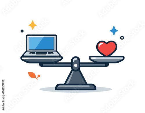 Work life balance and healthy productivity habits in modern professional lifestyle, a balanced scale holding a laptop on one side and a small heart symbol on the other representing