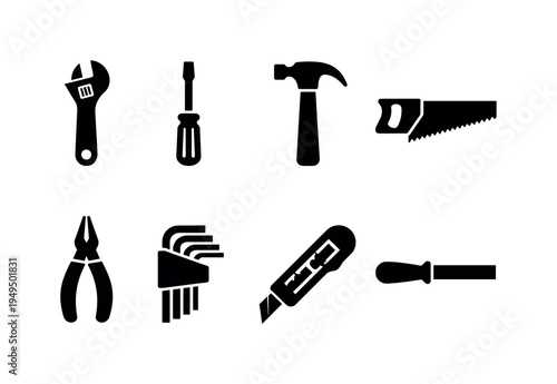 Hand tools workshop: adjustable wrench, flat screwdriver, claw hammer, hand saw, pliers tool, hex key set, utility knife cutter, metal file tool