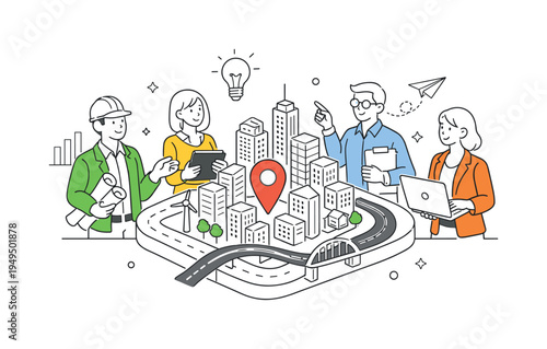 A modern urban planning scene where a small group of professionals reviews city development and infrastructure growth using a clear visual metaphor of isometric city buildings, a