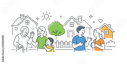 A cute village neighborhood scene where residents interact in a friendly small town environment filled with cozy homes and greenery, expressed through a simple visual metaphor of