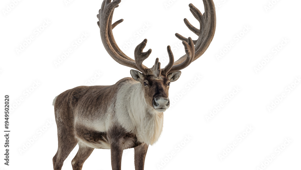 Obraz premium Majestic reindeer with impressive antlers, standing alertly, its thick winter coat detailed, isolated PNG on transparent background, a symbol of northern wilderness