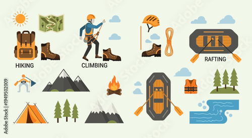 Hiking and climbing adventure icons set.