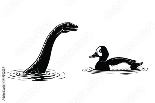 Mythical monster and duck: loch ness monster