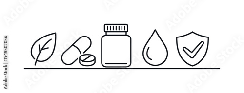 Herbal health products and natural supplement routine supporting preventative care and daily wellbeing through simple plant based remedies, leaf, capsule pill, bottle jar, water