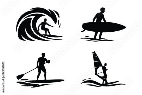 Water sports silhouettes - surfing, paddleboarding, windsurfing