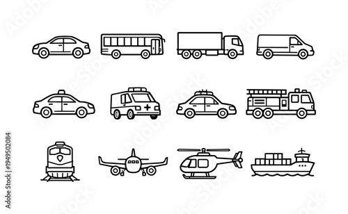 Transport vehicles collection: car sedan, city bus, cargo truck, delivery van, taxi car, ambulance vehicle, police car, fire truck, train locomotive, airplane, helicopter, cargo