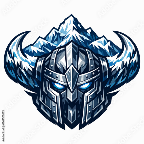 Bold Viking warrior helmet emblem with icy mountain backdrop, symbolizing strength, courage, heritage, battle spirit, resilience, and legendary Nordic power