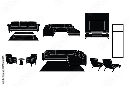 Living room furniture silhouettes - sofas, chairs, tv unit