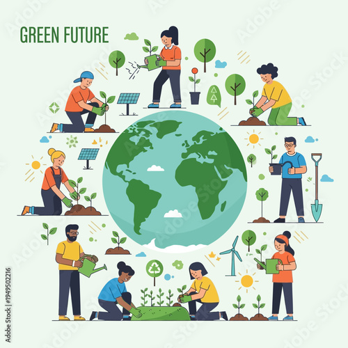 People planting trees and gardening around the Earth, promoting green future and sustainability
