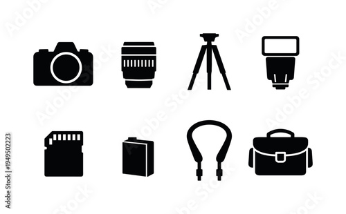 Photography equipment: DSLR camera, camera lens, tripod stand, camera flash, memory card, camera battery, camera strap, camera bag