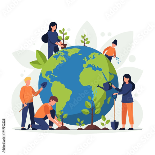 People planting trees around the Earth, symbolizing environmental protection and global ecology