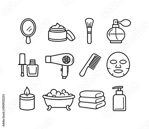 Woman self care routine: hand mirror, face cream jar, makeup brush, perfume bottle, nail polish bottle, hair dryer, comb, facial mask sheet, candle, bathtub with bubbles, towel