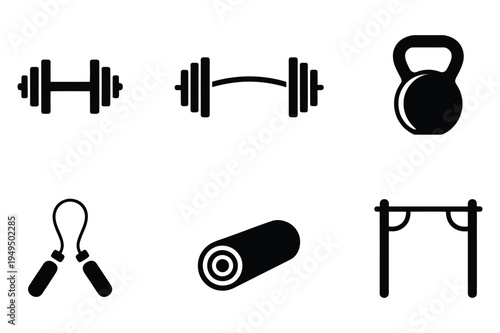Fitness equipment icons - weightlifting and gym set