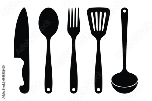 Kitchen utensil icons: knife, spoon, fork, spatula